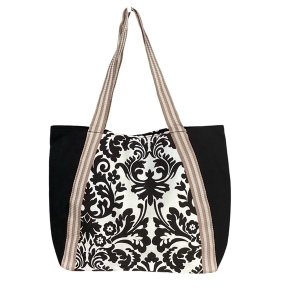 Heirloom Print Snap Top Canvas Tote Bag Purse Black & White Double Straps New - Picture 10 of 10